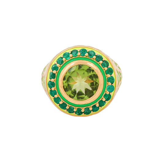 Green Fireworks Ring with Emeralds and Peridot, Enamel and in Gold Vermeil