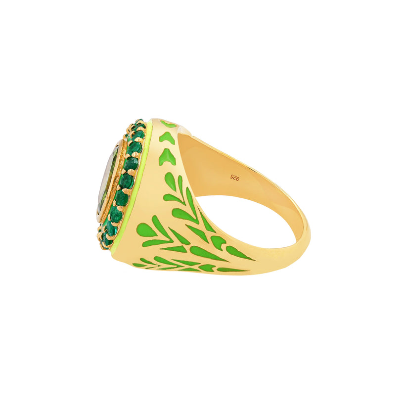 Green Fireworks Ring with Emeralds and Peridot, Enamel and in Gold Vermeil