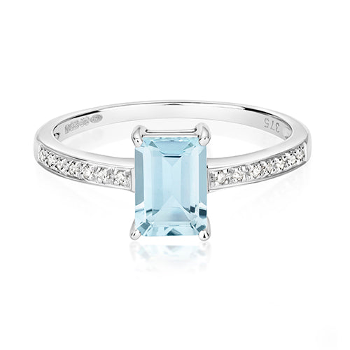 0.86ct Emerald-Cut Aquamarine Diamond Shoulder Engagement Ring in 9ct White Gold