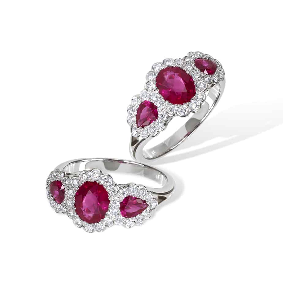 Ruby and Diamond Oval and Drop Triple Cluster Ring in Platinum
