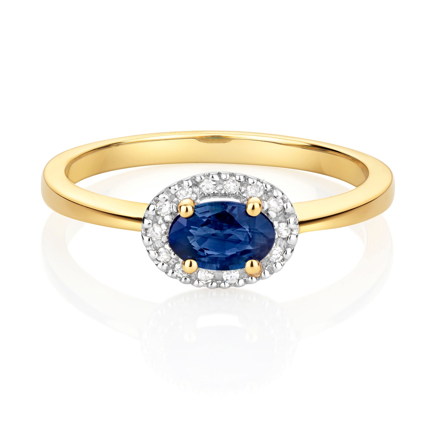 0.36ct Oval Sapphire Diamond Halo East-West Engagement Ring in 9ct Yellow Gold