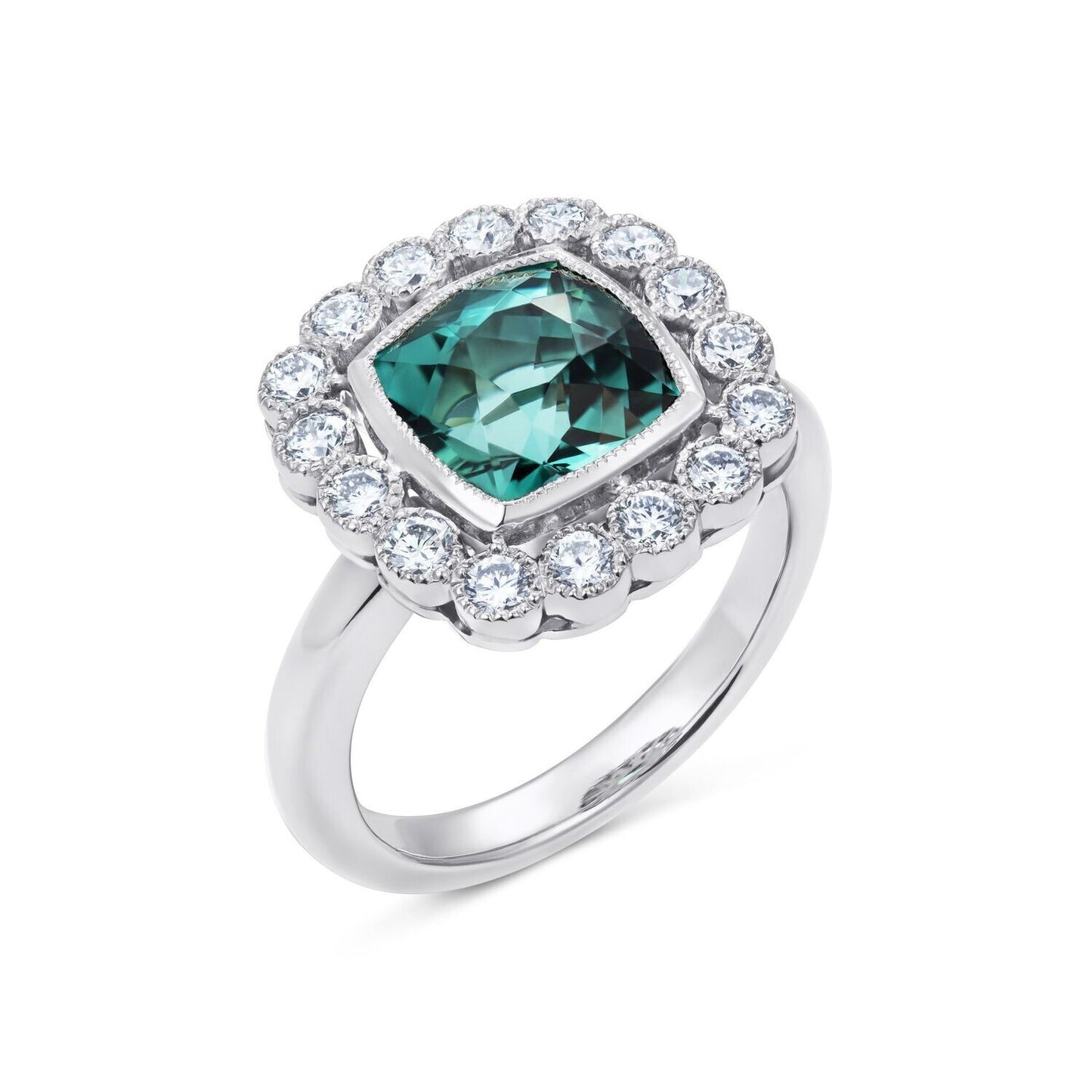 Platinum 4ct Teal Tourmaline Diamond Halo Ring