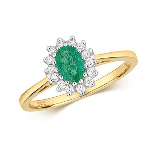 0.33ct Emerald Diamond Halo Cluster Ring in 9ct Yellow Gold