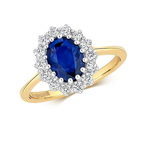 1.55ct Oval Sapphire Diamond Halo Engagement Ring in 9ct Yellow Gold