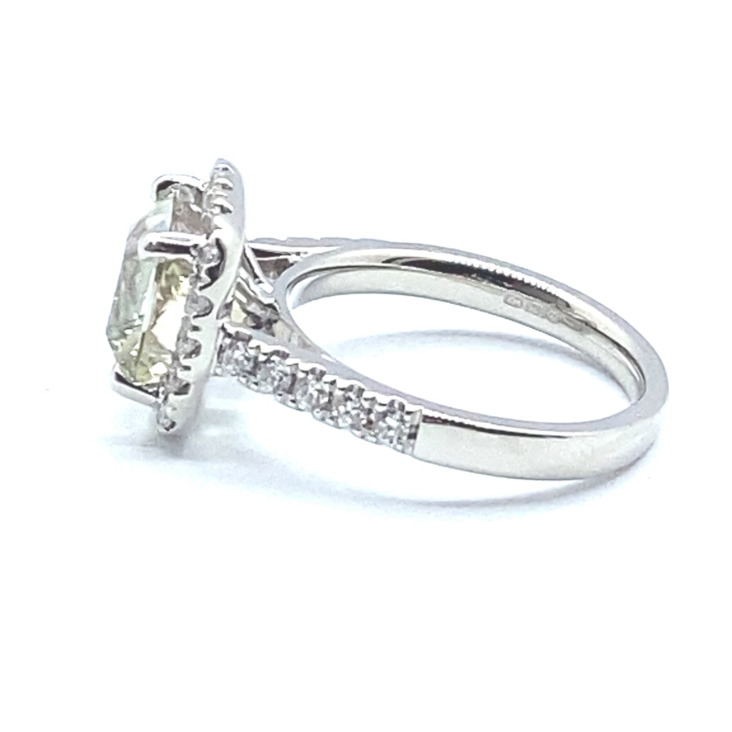 Square Cushion Cut Mint Green Tourmaline Diamond Halo Diamond Set Shoulders Ring in Platinum