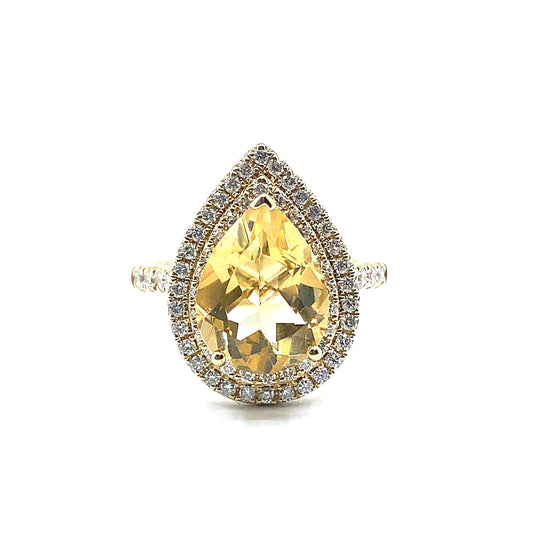 Pear Cut 3ct Citrine and Diamond Double Halo, 18ct Gold Ring