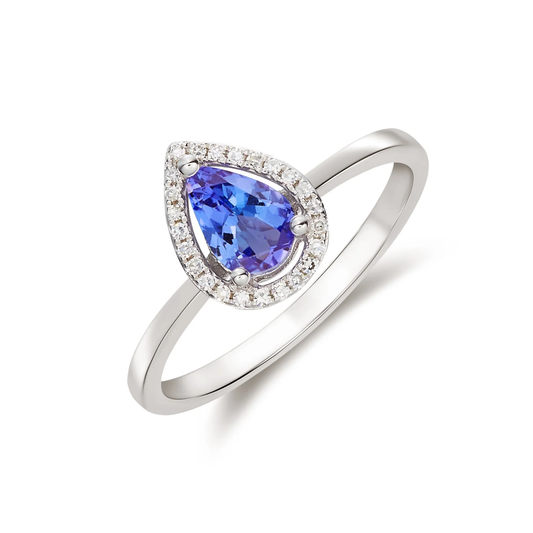 Pear Shaped Tanzanite & Diamond Halo Cluster Ring in 9ct White Gold