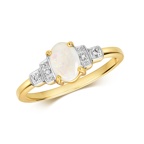 0.42ct Oval Opal Diamond Deco Style Engagement Ring in 9ct Yellow Gold