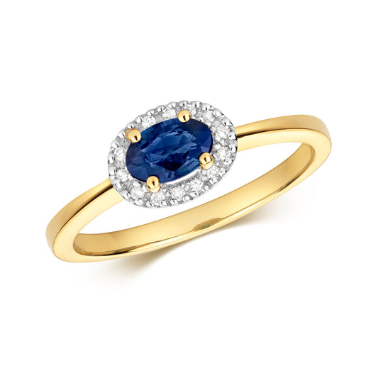 0.36ct Oval Sapphire Diamond Halo East-West Engagement Ring in 9ct Yellow Gold