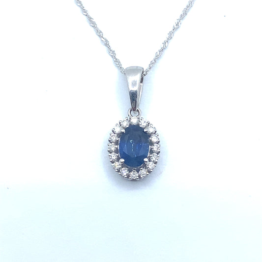 Oval Sapphire & Diamond Halo, 18ct White Gold Pendant