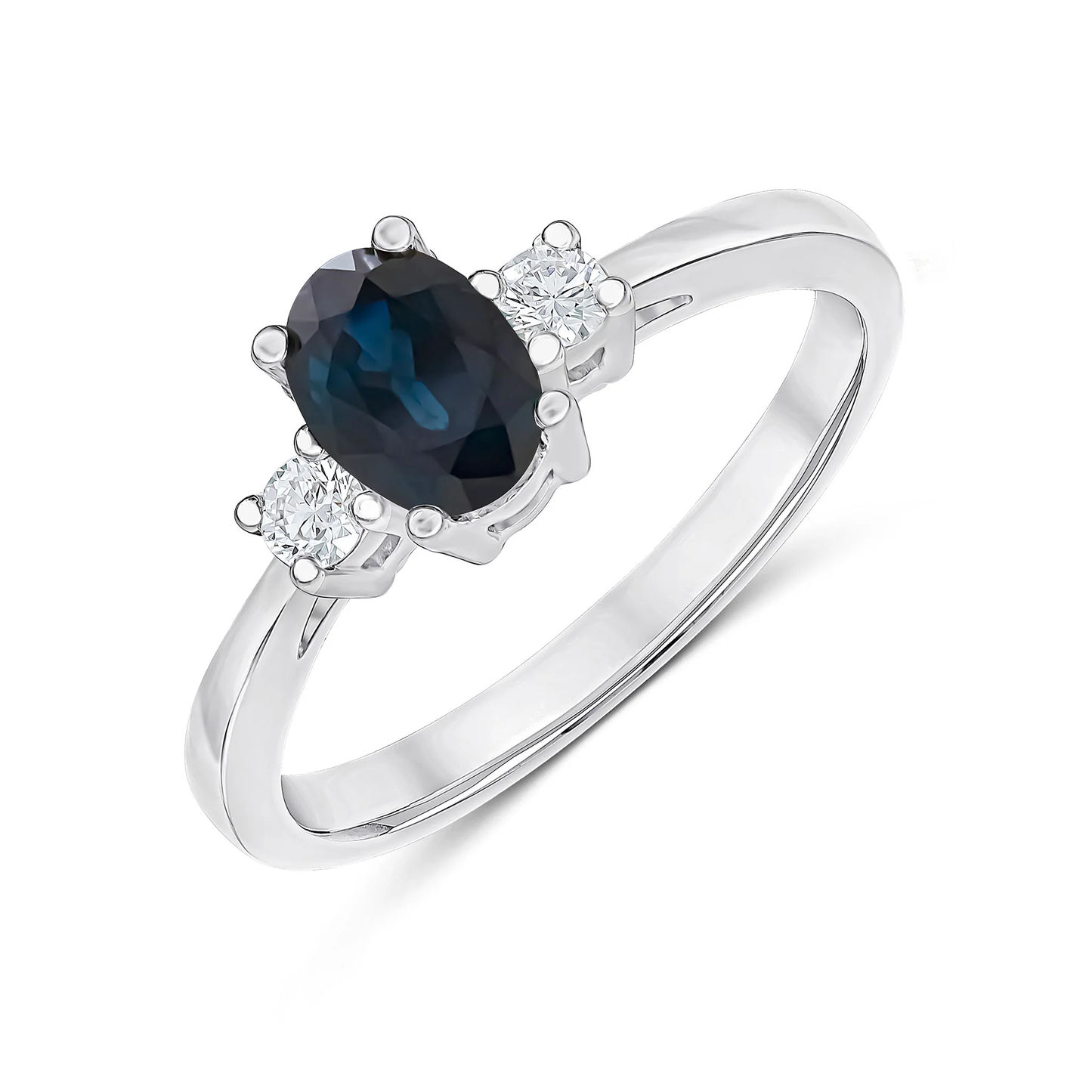 Oval Sapphire & Round Diamond Claw Set Three Stone Ring in 9ct White Gold