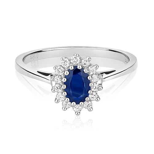 0.52ct Sapphire Diamond Halo Cluster Engagement Ring in 9ct White Gold