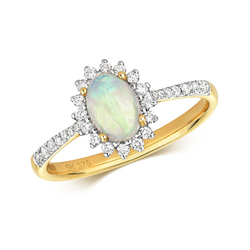 0.46ct Oval Opal Diamond Star Halo and Shoulders in 9ct Yellow Gold