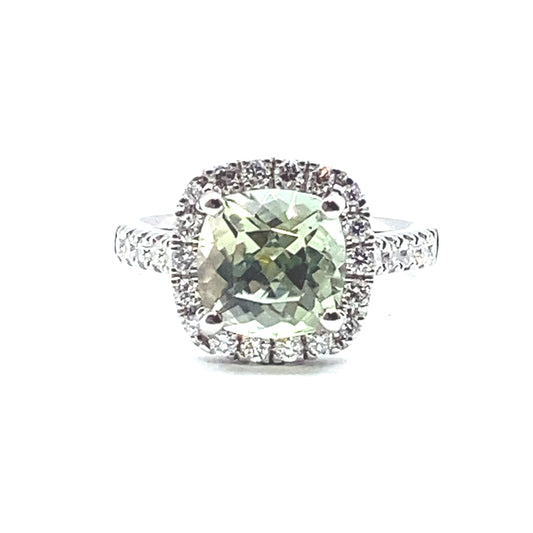 Square Cushion Cut Mint Green Tourmaline Diamond Halo Diamond Set Shoulders Ring in Platinum