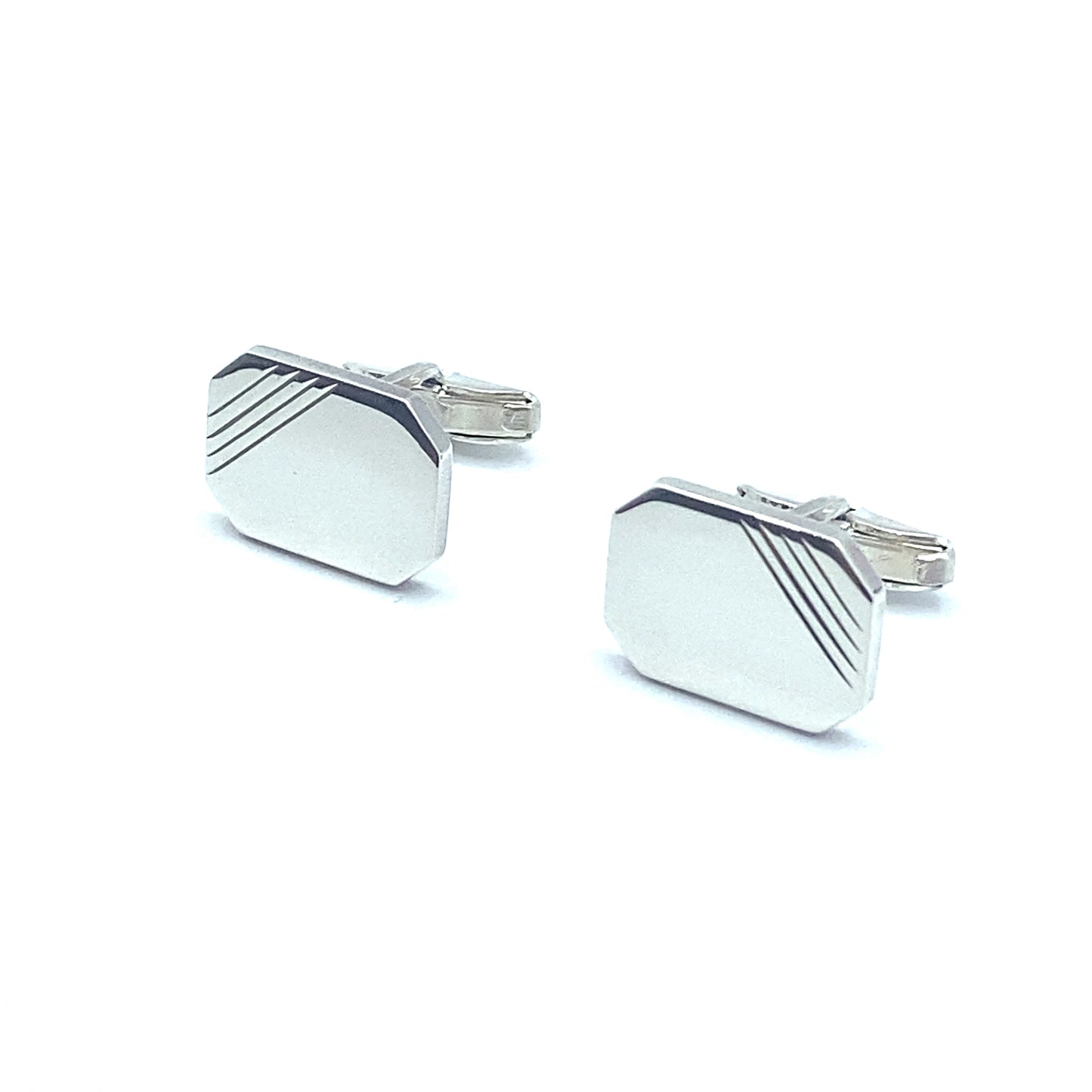 Sterling Silver Engraved Rectangular Emerald Cut Shape Cufflinks