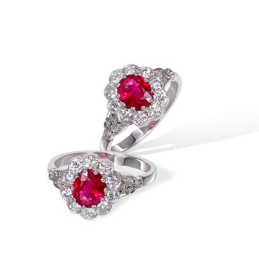 Oval Ruby and Diamond Trefoil Cluster Ring in Platinum