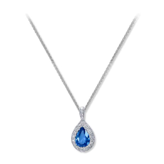 18ct White Gold Pear Shape Sapphire and Pave Diamond Pendant