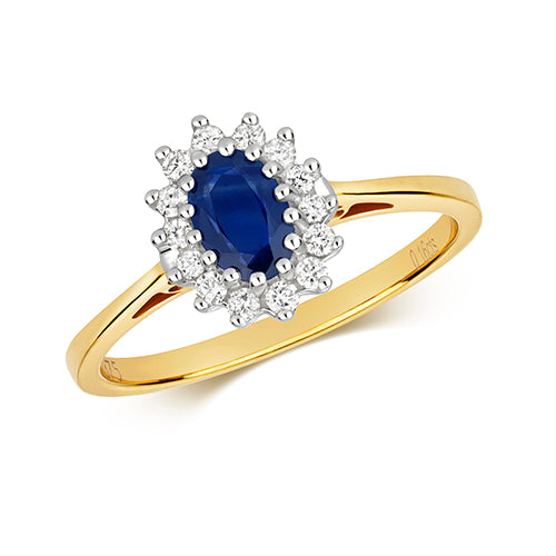 0.52ct Sapphire Diamond Halo Cluster Engagement Ring in 9ct Yellow Gold