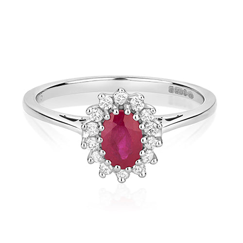 0.42ct Ruby Diamond Halo Cluster Engagement Ring in 9ct White Gold