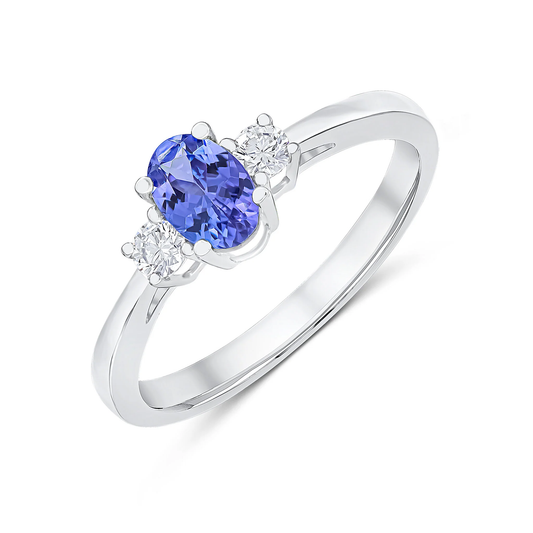 Oval Tanzanite & Diamond Claw Three Stone Ring in 9ct White Gold