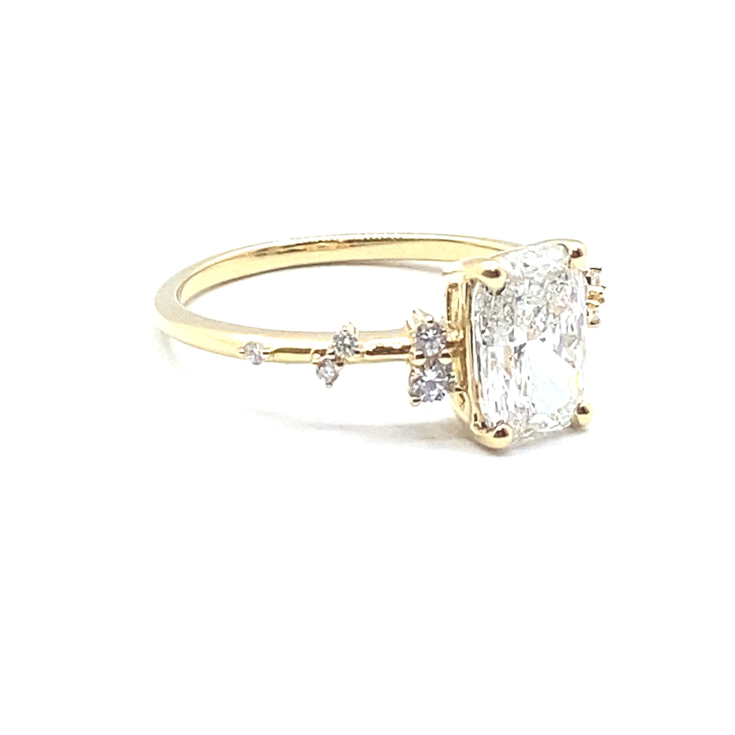 Monroe's "Flowing Nature" Cushion Cut Diamond With Scattered Set Diamonds 18ct Yellow Gold Engagement Ring