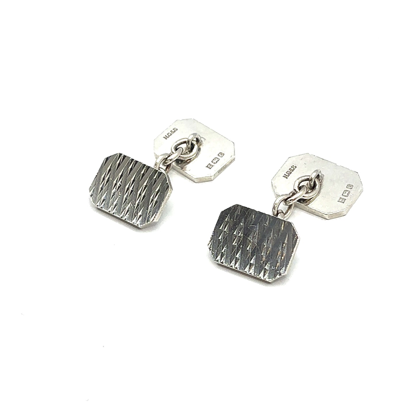 Vintage 1979, Sterling Silver Diamond Cut Engraved Rectangular Shape Panel Chain Cufflinks