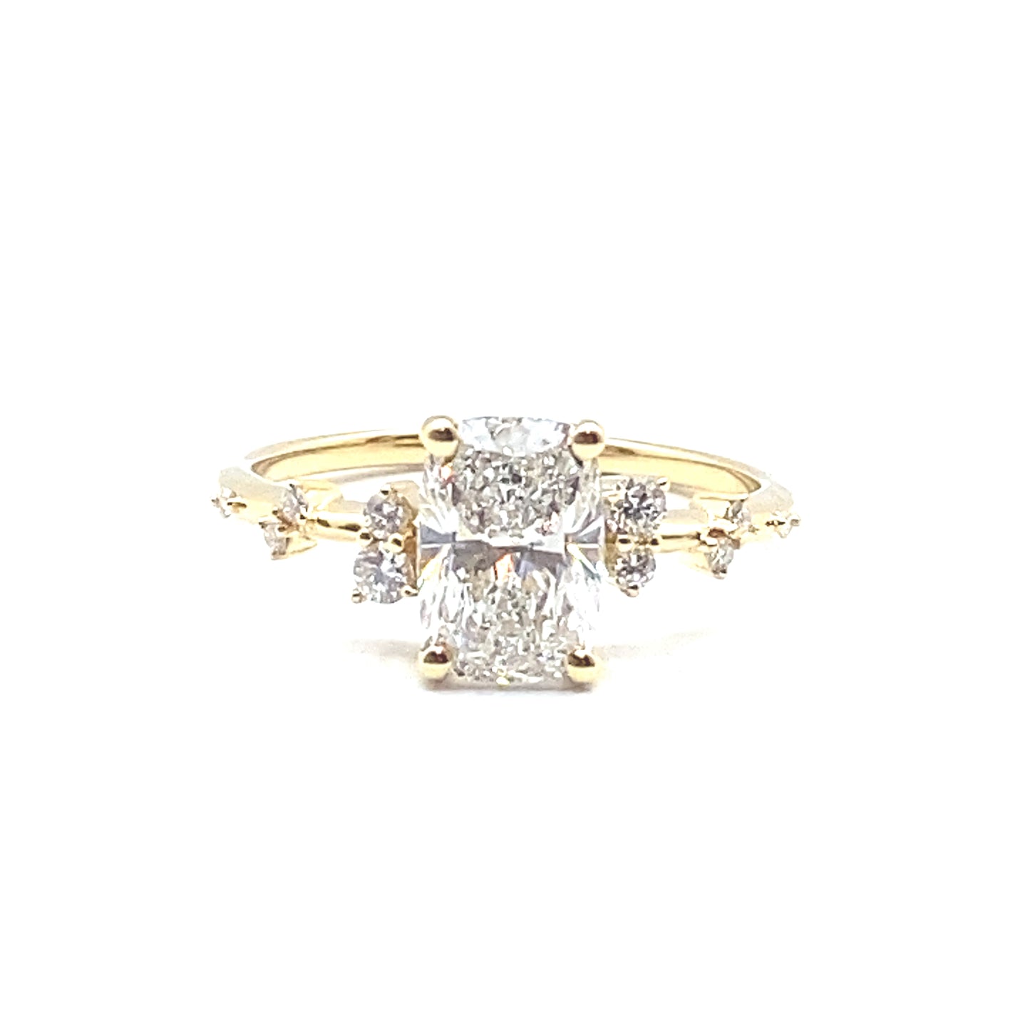 Monroe's "Flowing Nature" Cushion Cut Diamond With Scattered Set Diamonds 18ct Yellow Gold Engagement Ring