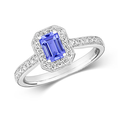 0.61ct Emerald-Cut Tanzanite Diamond Halo and Shoulders in 9ct White Gold