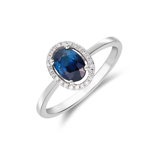 7x5mm Blue Sapphire Halo Diamond Ring in 9ct White Gold