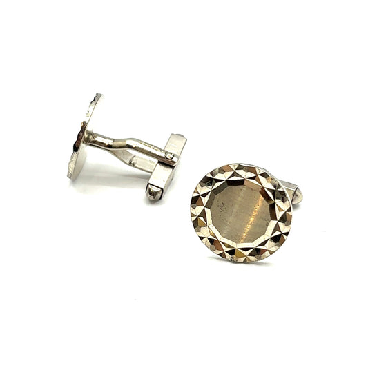 Vintage 1970s, Round Solid Sterling Silver Diamond Engraved Effect Bright Cut Cufflinks