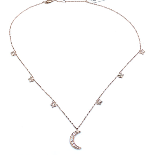 Diamond and Rose Gold Crescent Moon and Stars Necklace