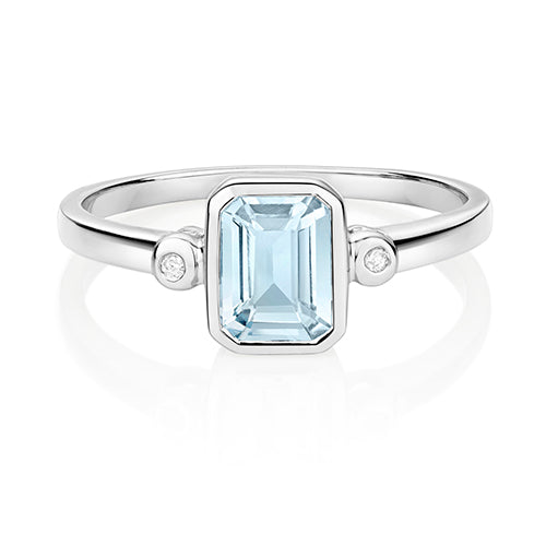 0.80ct Emerald-Cut Aquamarine Diamond Ring in 9ct White Gold