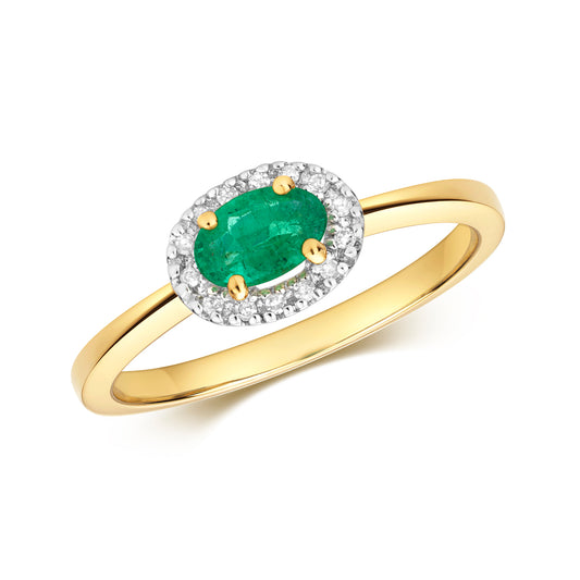 0.63ct Oval Emerald Diamond Halo East-West Engagement Ring in 9ct Yellow Gold