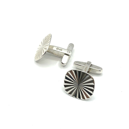 Vintage Solid Sterling Silver Fan Engraved Effect Bright Cut Cufflinks