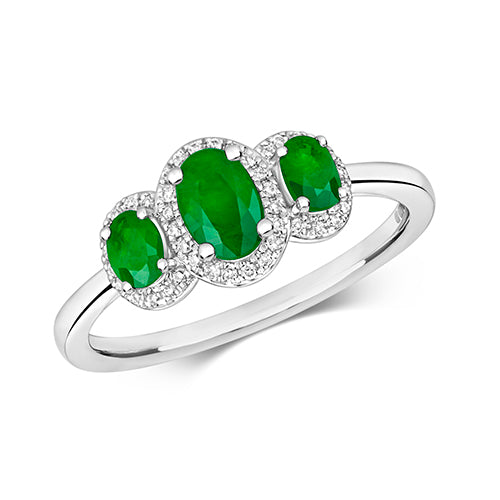 0.88ct Oval Emerald Diamond Halo Trilogy Engagement Ring in 9ct White Gold
