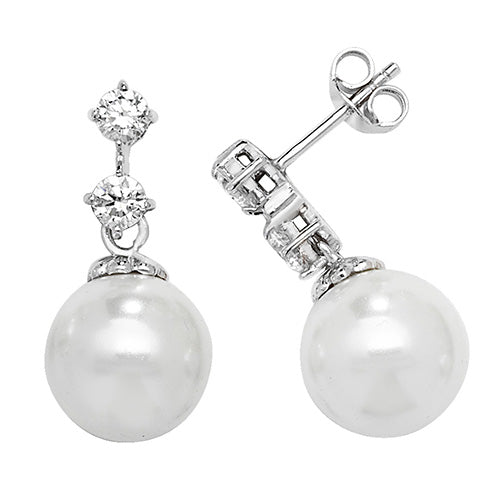 925 Sterling Silver Double Cubic Zirconia Pearl Drop Earrings