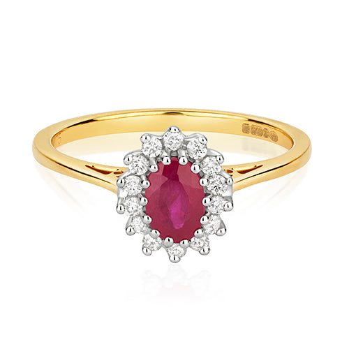 0.42ct Ruby Diamond Halo Cluster Engagement Ring in 9ct Yellow Gold