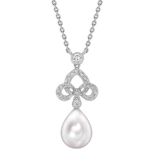 18ct White Gold Bow Top Pearl & Diamond Pendant