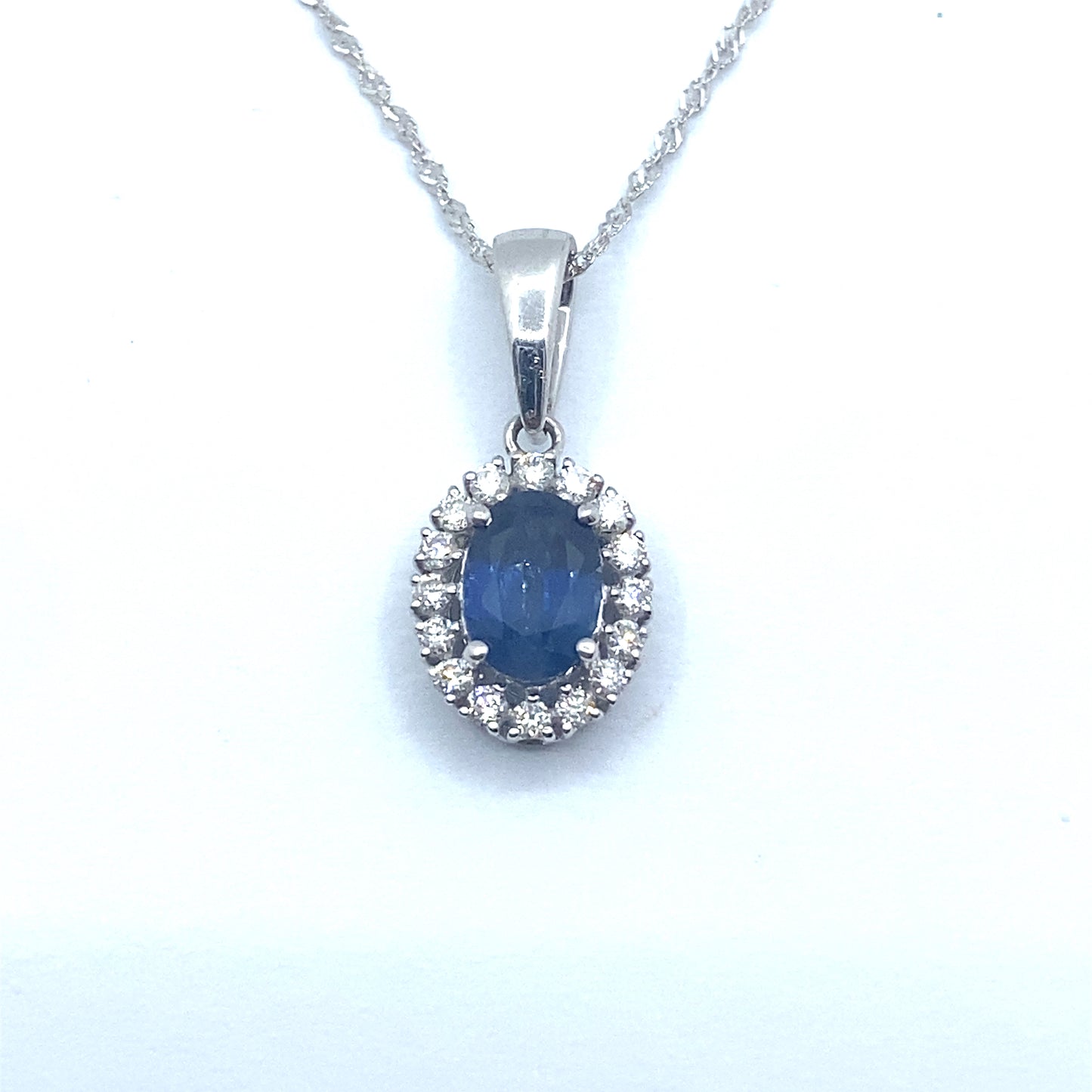 Oval Sapphire & Diamond Halo, 18ct White Gold Pendant