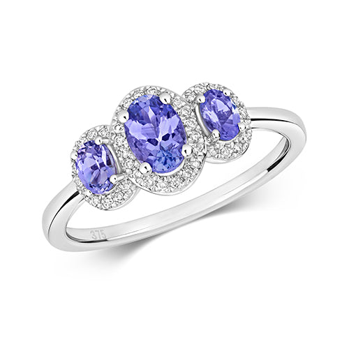 0.81ct Oval Tanzanite Diamond Halo Trilogy Engagement Ring in 9ct White Gold