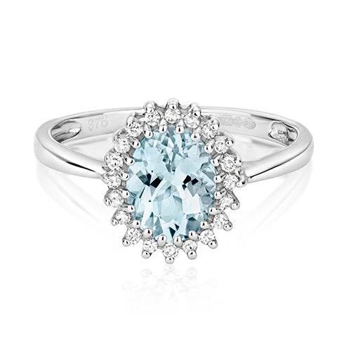 0.95ct Oval Aquamarine Diamond Star Halo Engagement Ring in 9ct White Gold