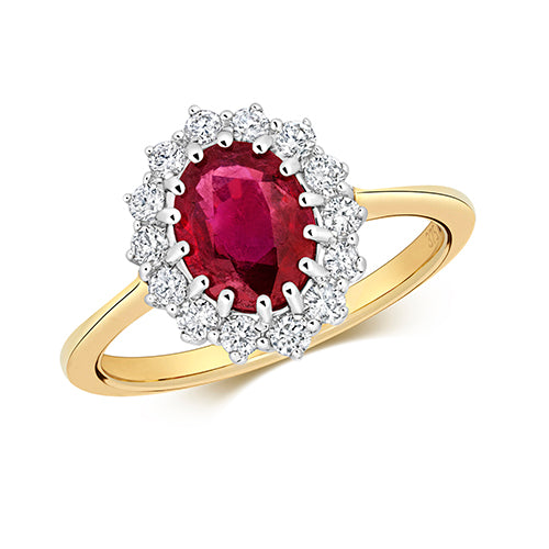 1.43ct Oval Ruby Diamond Halo Engagement Ring in 9ct Yellow Gold