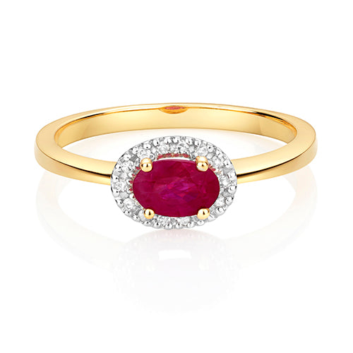 0.63ct Oval Ruby Diamond Halo East-West Engagement Ring in 9ct Yellow Gold