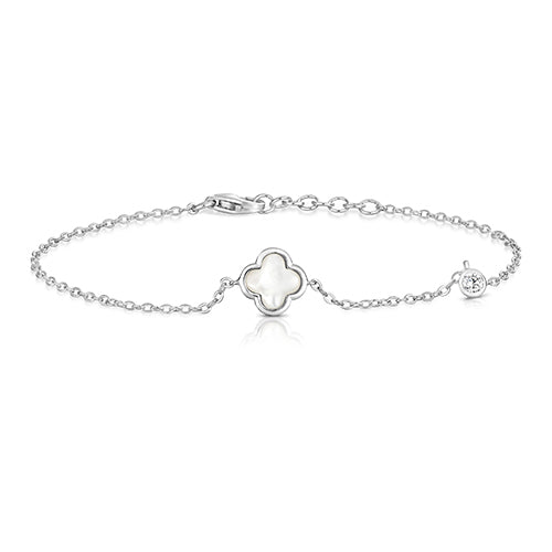 Sterling Silver Clover Mother of Pearl Bracelet with Cubic Zirconia