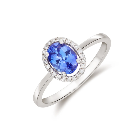 Oval Tanzanite & Diamond Halo Cluster Ring in 9ct White Gold