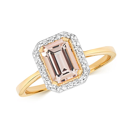 Emerald-Cut Morganite Diamond Halo Engagement Ring in 9ct Yellow Gold
