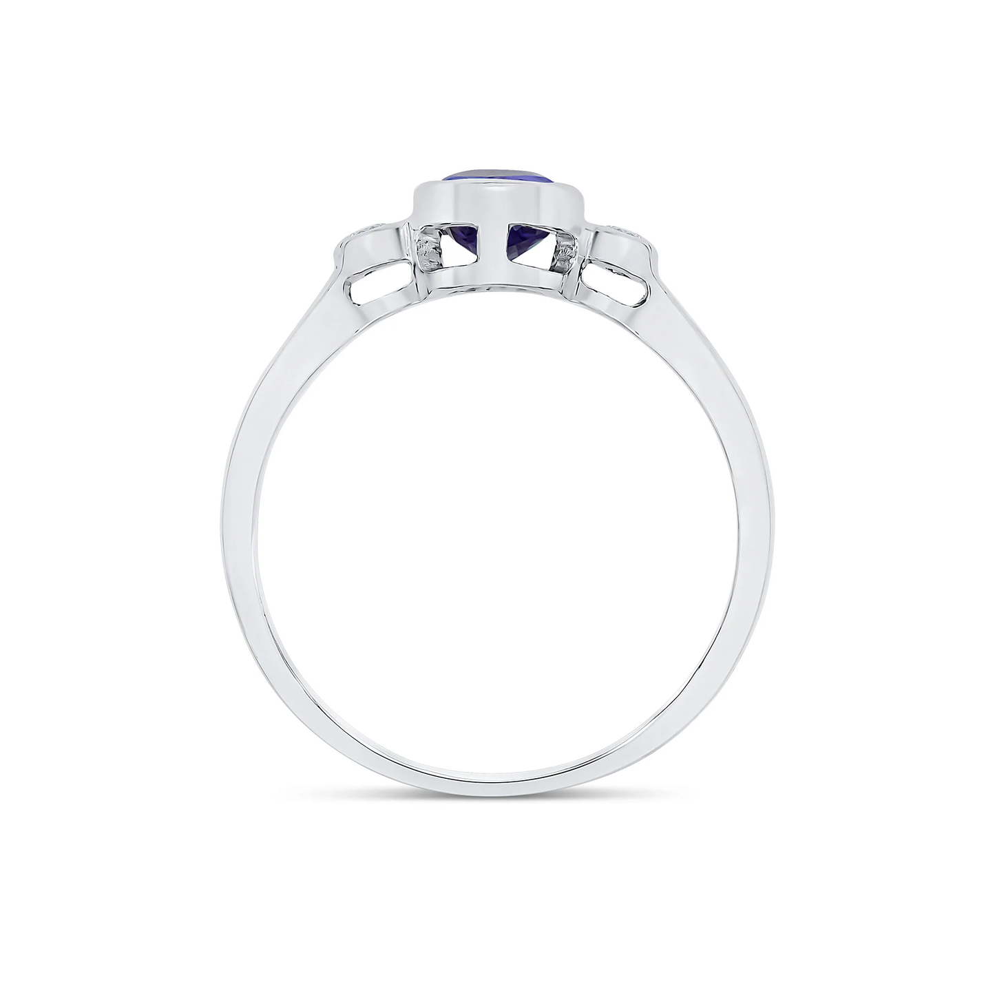 Oval Tanzanite & Round Diamond Three Stone Rubover Ring in 9ct White Gold