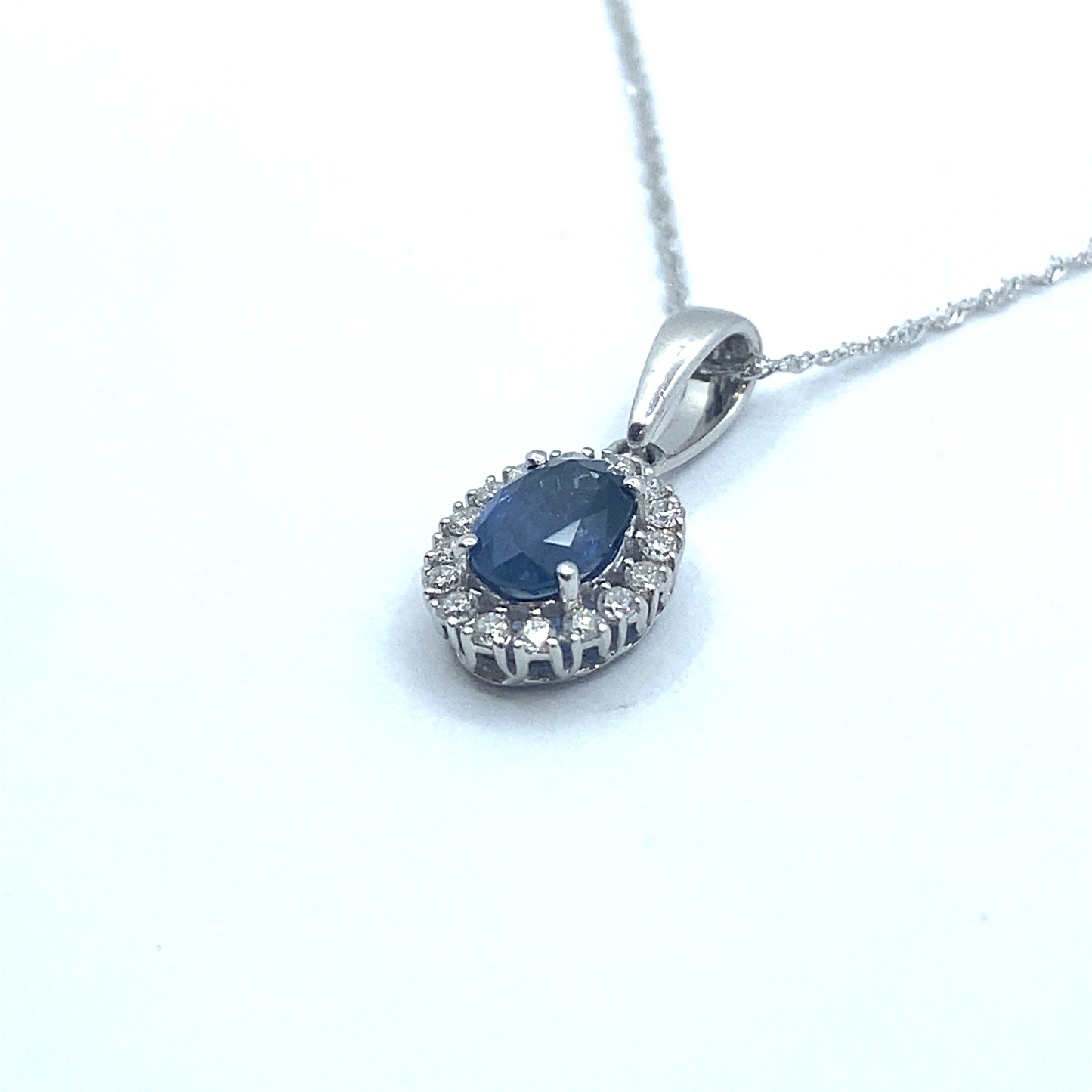 Oval Sapphire & Diamond Halo, 18ct White Gold Pendant