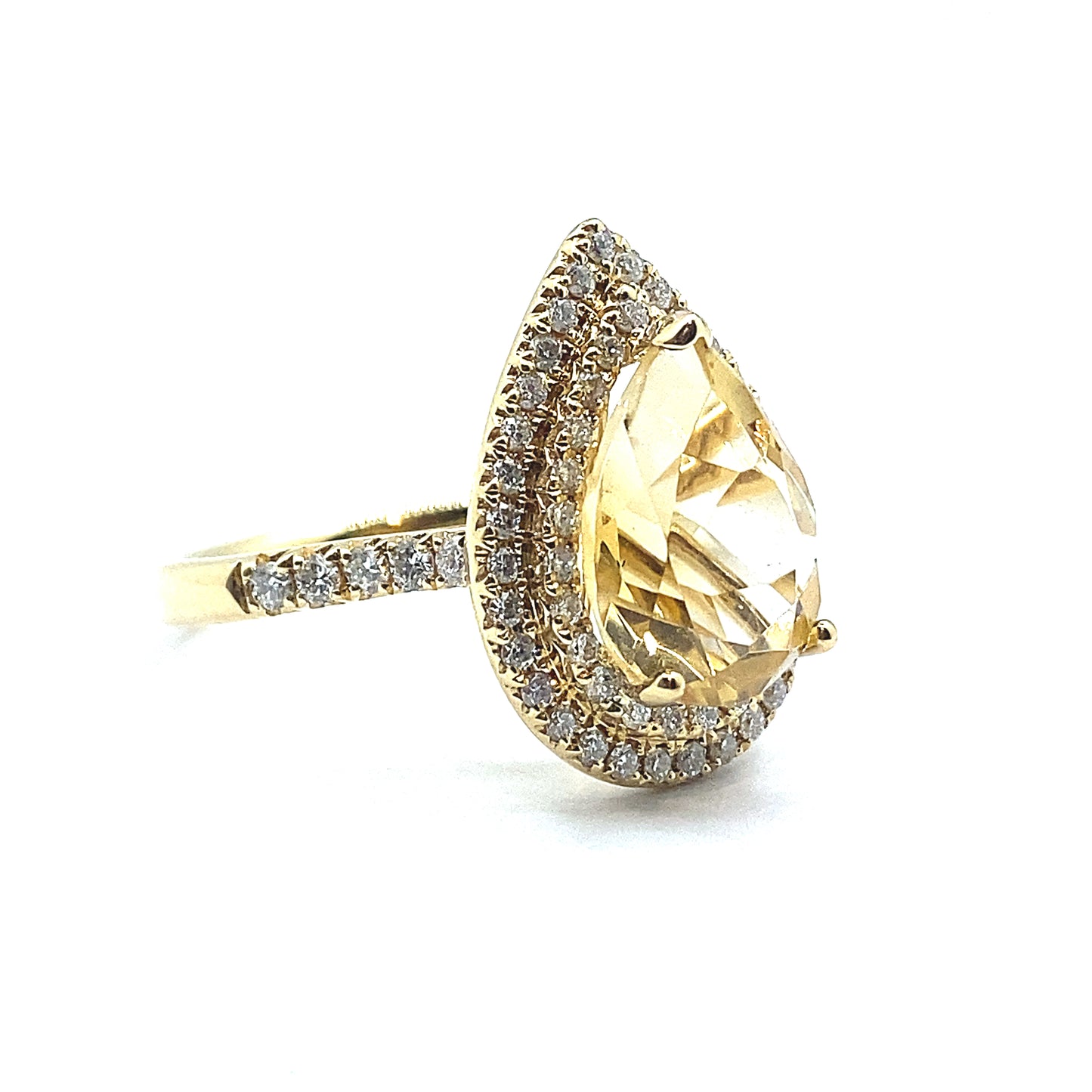 Pear Cut 3ct Citrine and Diamond Double Halo, 18ct Gold Ring