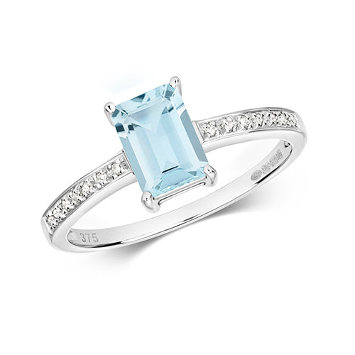 0.86ct Emerald-Cut Aquamarine Diamond Shoulder Engagement Ring in 9ct White Gold